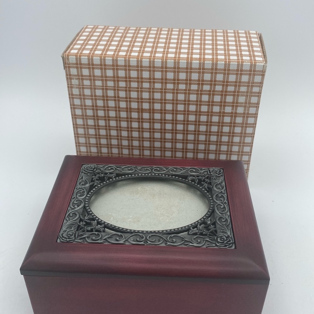 Cherry Finish wood trinket jewelry box with frame 5x4”